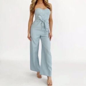 Lane 201 Storia Blue Slate Dreamy Glam Waist Tie Chic Strapless Jumpsuit Medium